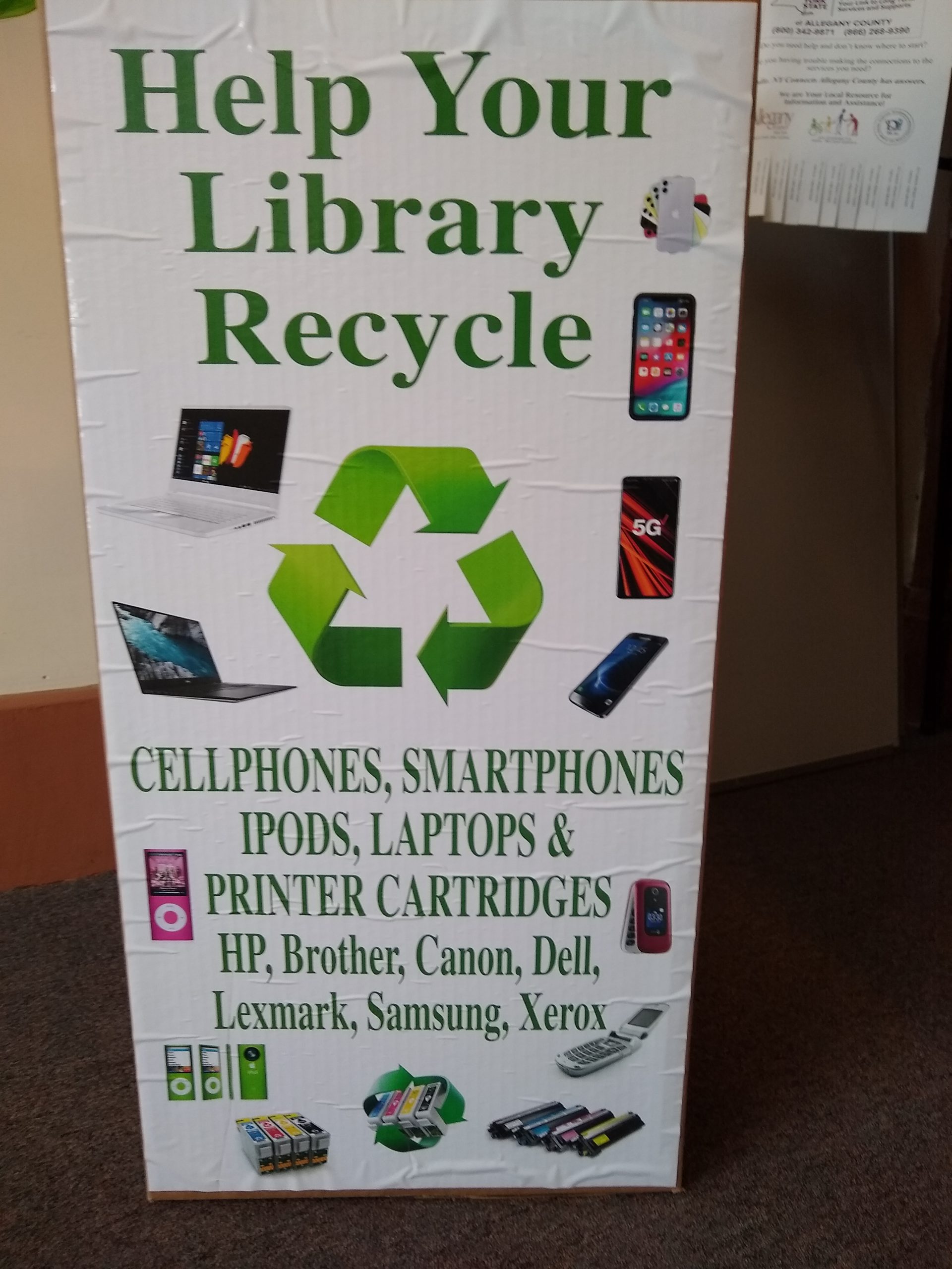 An image of a recycling box with the following words on it: cellphones, smartphones, ipods, laptops, printer cartiriges, HP, Brother, Canon, Dell, Lexmark, Samsung, Xerox. Please remove al personal information from the device before donating.