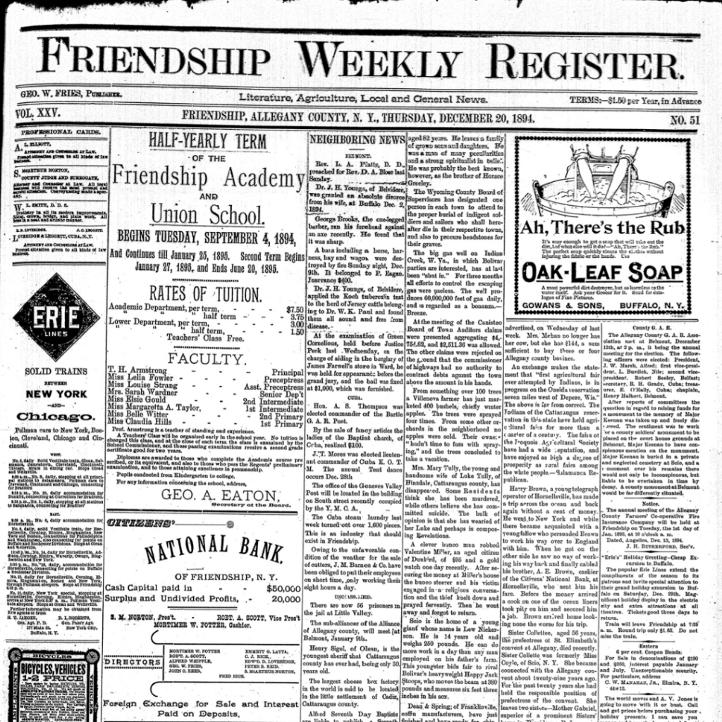 Friendship Weekly Register newspaper front page from 12/20/1894