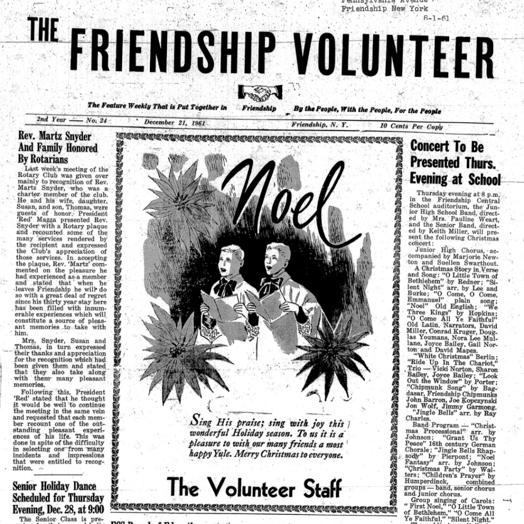The Friendship Volunteer newspaper front page from 12/21/1961